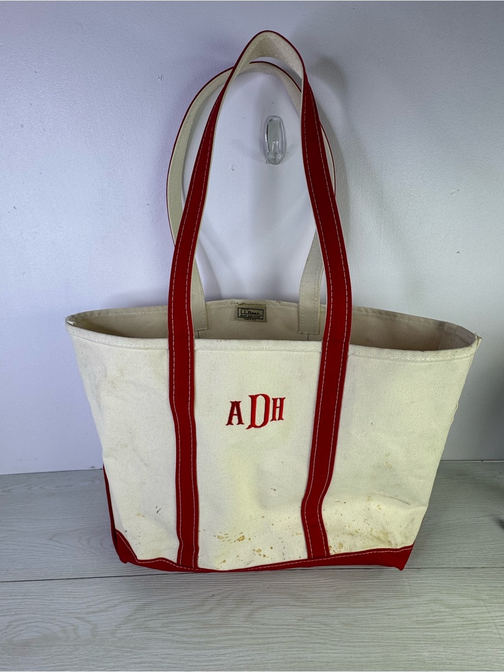 LL Bean Boat and Tote Bag Large  Red Handles Canvas USA Made
